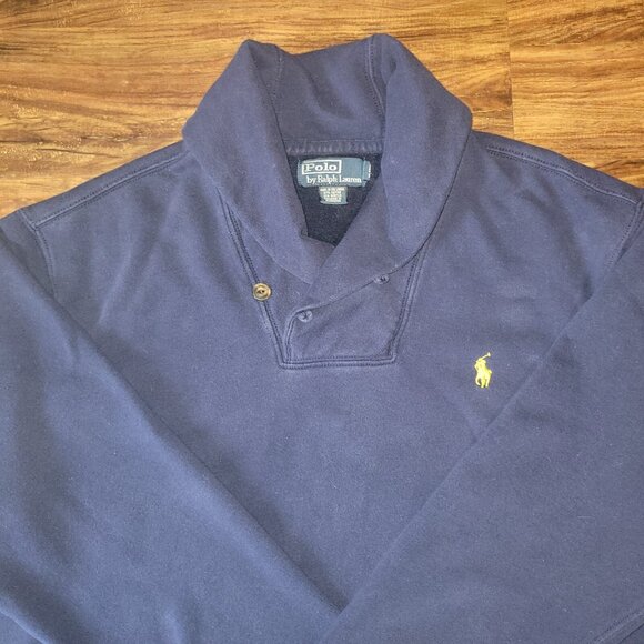 Polo Ralph Lauren Sweater Mens XL Navy Blue LS Shawl Collar Pullover FLAW - Picture 2 of 16